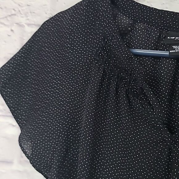 Liz Claiborne Career Black Polka Dot Tassel Tie Flutter Sleeve Chiffon Blouse - Picture 6 of 10